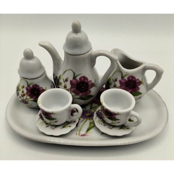 Miniature Royal Norfolk Porcelain Tea Set With Purple Floral Design - Picture 1 of 5